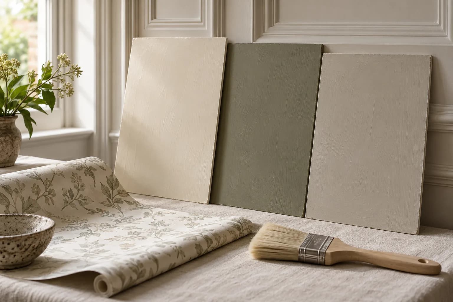 Illustrative paint sample boards with tonal wallpaper and a decorating brush