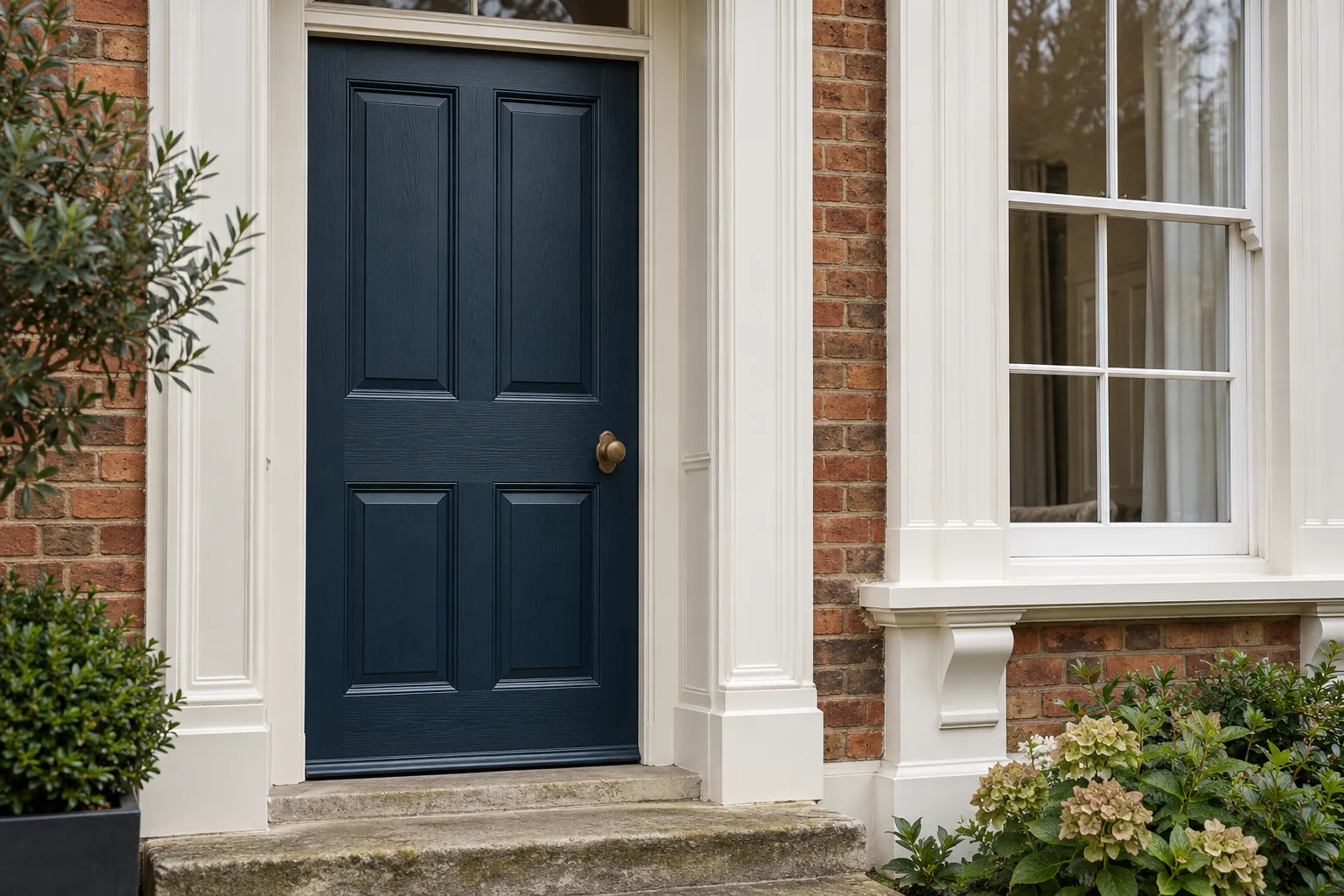 Illustrative navy panelled door beside cream-painted surround and white sash window