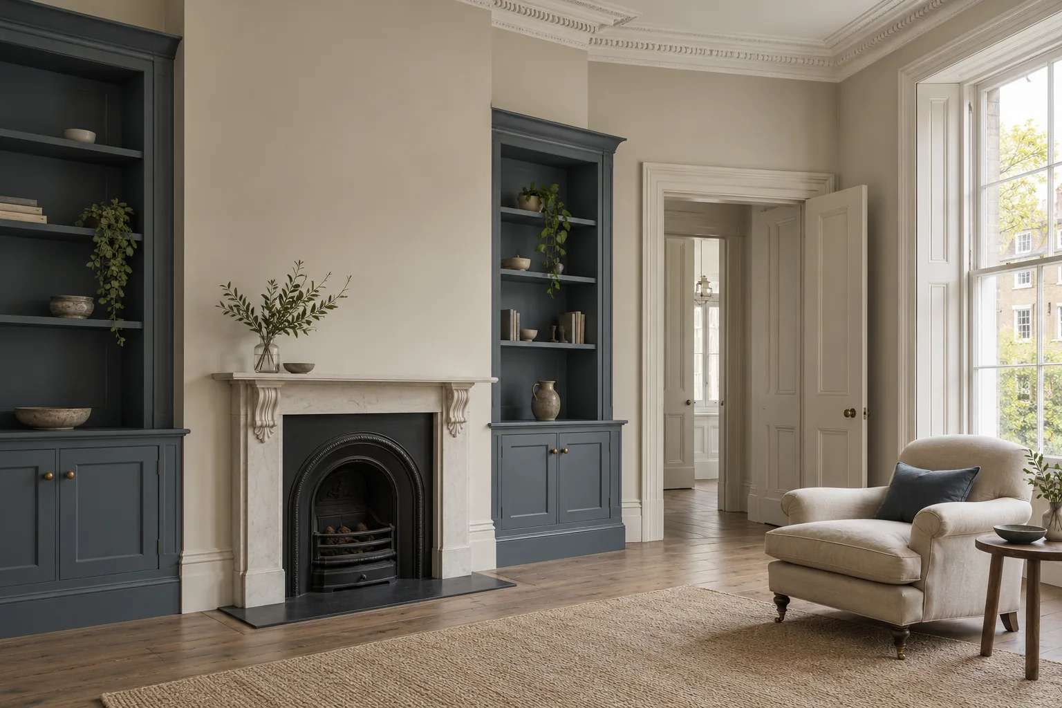 Illustrative period interior with stone-coloured walls, cornicing and blue-grey alcove joinery